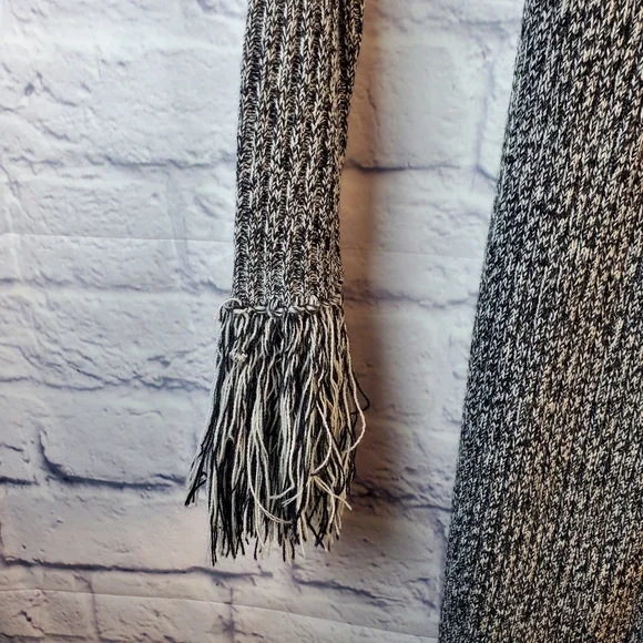 Tomfoolery Open Front Fringe Trim Long Sweater Cardigan, M, Black & White - Picture 2 of 10